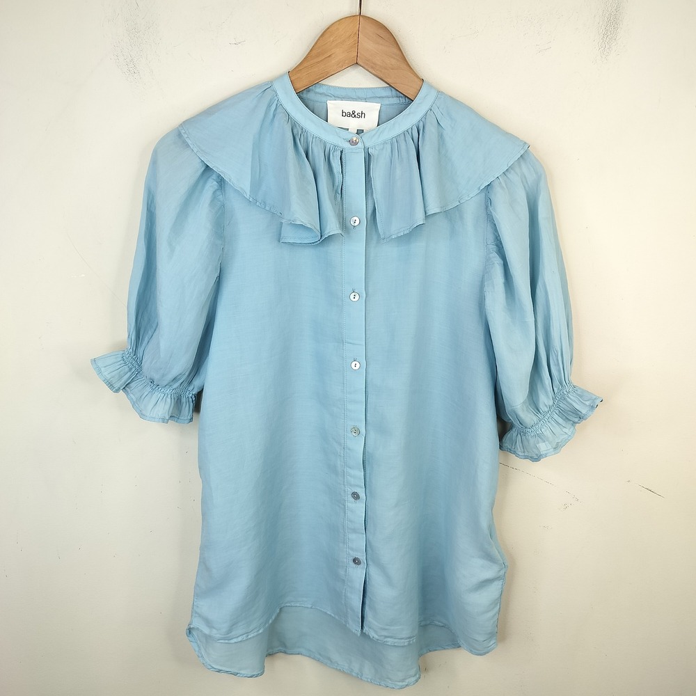 ba&sh Ruffled Cotton Blouse XS Short Sleeve Lady Shirt Button Up Blue